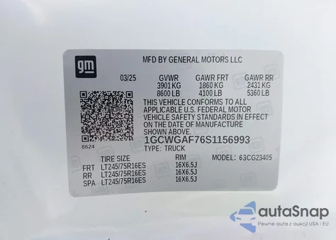 2025 Chevrolet Express Cargo Rwd 2500 Regular Wheelbase Wt from USA, damaged, VIN 1GCWGAF76S1156993